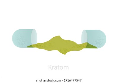 Illustration Of Kratom Leaf Powder In Capsule. Floral Natural Saturated Color. Organic Herbal Energetic, Antidepressant. Made In Art Flat Style, Vector Design.