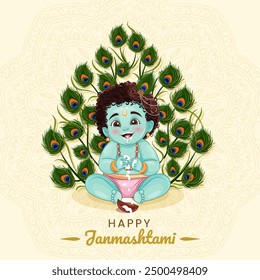 Illustration of Krishna Janmashtami Festival Template with Peacock Feather Background