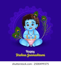 Illustration of Krishna Janmashtami Festival Template with Peacock Feather Background