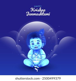 Illustration of Krishna Janmashtami Festival Template with Night Scene Background