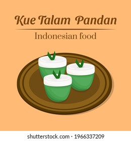 Illustration of kue talam pandan or Indonesian pandan talam cake made from coconut milk, rice flour, and tapioca flour with pandan leaves serves on plate vector stock