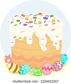 Illustration of Kulich or Russian Easter Cake with Icing and Easter Eggs