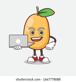 An Illustration of Kumquat Fruit cartoon mascot character working with laptop