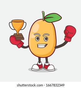 An Illustration of Kumquat Fruit cartoon mascot character as Boxing winner of arcade game machine