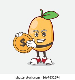 An Illustration of Kumquat Fruit cartoon mascot character holding a gold coin medal