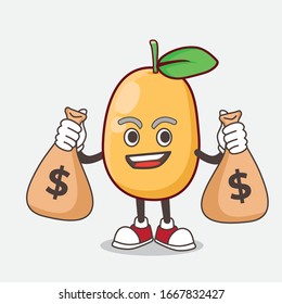 An Illustration of Kumquat Fruit cartoon mascot character holding money bags