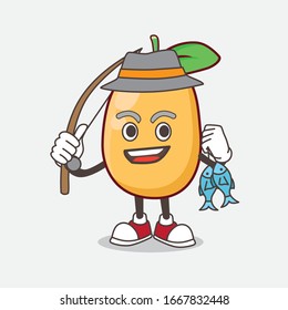 An Illustration of Kumquat Fruit cartoon mascot character fishing with 2 fishes