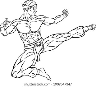 Ilustración de un kung fu o un artista marcial de karate dando una patada voladora