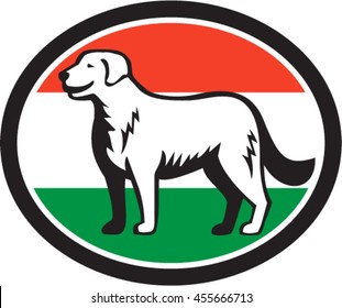 Illustration of a Kuvasz, an ancient breed of a livestock dog of Hungarian origin standing viewed from the side with hungarian flag in the background done in retro style. 