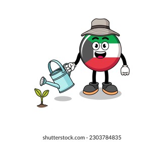 Illustration of kuwait flag cartoon watering the plant , character design