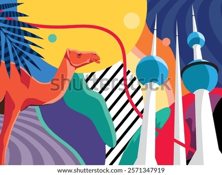 Illustration of Kuwait Tower and a camel in a creative design