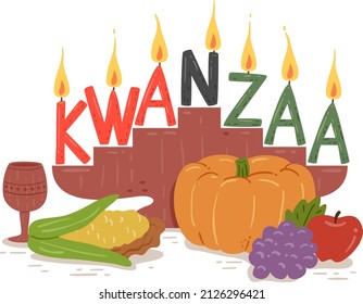 Illustration of Kwanzaa Seven Candles with Fruits and Vegetables Harvest