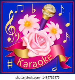 Illustration of the label background karaoke with music, microphone and flowers