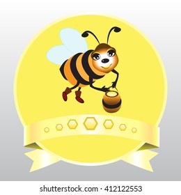 Illustration of a label with a bee holding a pot on a yellow background