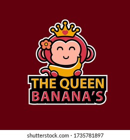 Illustration label design brand store and healthy queen Banana market. cute cartoon pink female monkey characters animated with crown
