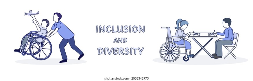 Illustration labeled Inclusion and Diversity. A boy and a girl in a wheelchair study at the same table. A disabled boy and his friend are playing with a toy plane. Vector flat linear illustration.