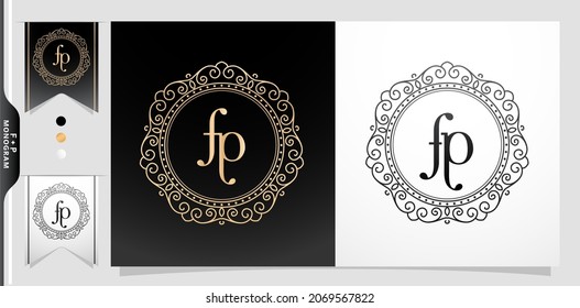 illustration of a labels and badges, Set of label initial FP or PF letter, Circle gold frame border with ornament pattern. applicable for letterpress, embroidery, invitation wedding monogram, and sign