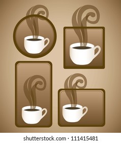 Illustration of labels of a cup of steaming coffee on plate, vector illustration