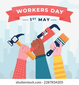 illustration of Labor Day concept with hands holding tools. International worker's day. 1st May, Cartoon illustration.