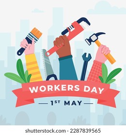 illustration of Labor Day concept with hands holding tools. International worker's day. 1st May, Cartoon illustration.