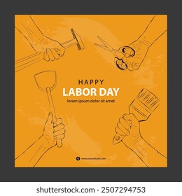 illustration of labor day theme with hands holding a hammer, scissors, spatula and brush hand drawn