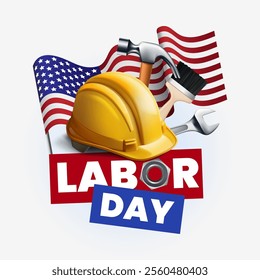 Illustration of Labor Day with a yellow hard hat, hammer, wrench, and paintbrush in front of American flags.