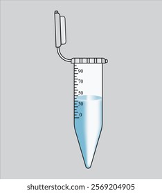 Illustration of a Laboratory Centrifuge Tube with Graduated Measurements and Blue Liquid, Isolated on Gray Background, Laboratory Test Tube with Blue Liquid and Calibrations

