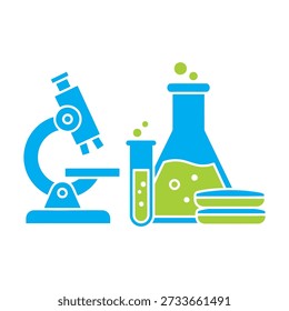 Illustration of laboratory equipment including microscope and beakers
