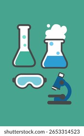 Ilustración de iconos de laboratorio, iconos de microscopio, tubos de ensayo, frascos químicos espumantes y gafas protectoras sobre un fondo verde. Adecuado para contenido de educación científica, experimentos