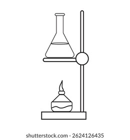 Illustration of a laboratory setup featuring a round-bottom flask being heated by a flame.