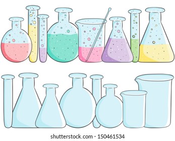 Illustration of laboratory test tubes with colored liquid and empty bottles