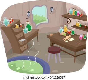 Illustration of a Laboratory for Witches Complete with Different Kinds of Potion