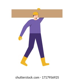 illustration of a laborer or construction worker walking while carrying wood on his shoulder. flat design. can be used for elements, landing pages, UI.