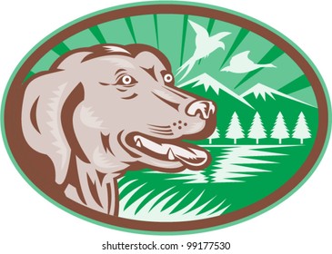 Illustration of a labrador golden retriever dog with pheasant goose bird flying mountains trees  in background set inside ellipse done in retro woodcut style.