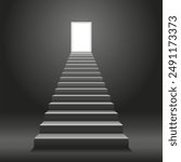  Illustration of ladder going up. Stairway to success or career ladder. Steps up.  A symbol of the Achievements. Vector illustration of stairs going up to the door with bright light.