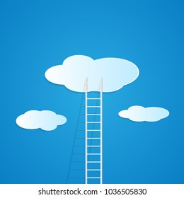 Illustration of a ladder reaching up to the clouds against a colorful blue background.