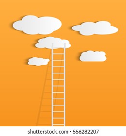 Illustration of a ladder reaching up to the clouds against a colorful orange background.