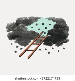 Ilustração de uma escada alcançando nuvens escuras em um céu estrelado. Estrelas e nuvens criam uma atmosfera sonhadora e surreal. Escada, nuvens e estrelas são elementos-chave. Vetor de ilustração vintage.