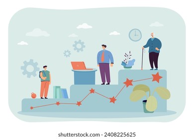 Illustration of ladder showing different stages of life. Man with different plans: education, career, pension. Retirement planning concept.