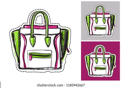 Illustration of ladies bag. Luxury fashion style clip-art icon for branding, t-shirt print, promo ads. Isolated vector element on white, gray and amaranth purple colors.
