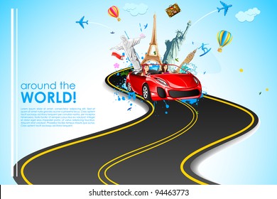 illustration of ladies driving car on road with world famous monument