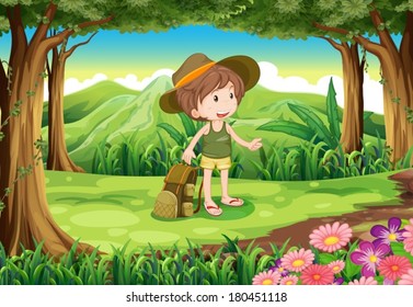 Illustration of a lady with a backpack and a hat at the forest