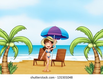 Illustration of a lady at the beach with coconut trees