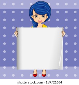 Illustration of a lady with a blue hair holding an empty signage