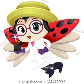 Illustration of a Lady Bug Mascot Botanist Flying and Carrying a Flower Seedling