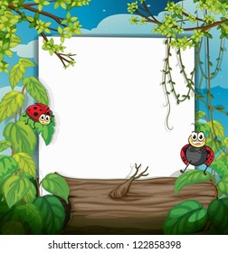 Illustration of a lady bug and a white board in a beautiful nature