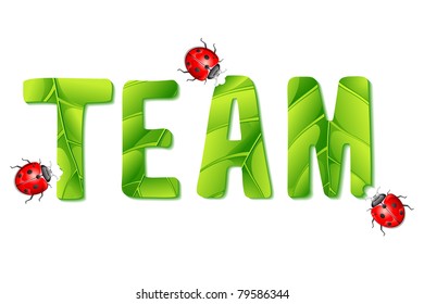 illustration of lady bugs eating team made of leaf
