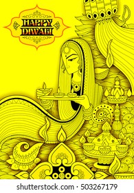 ilustração de Lady queimando diya no fundo feliz do doodle de férias de Diwali para o festival de luz da Índia