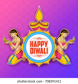 illustration of Lady burning diya on Happy Diwal Holiday background for light festival of India