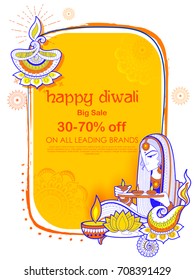 illustration of Lady burning diya on Happy Diwal Holiday Sale promotion advertisement background for light festival of India